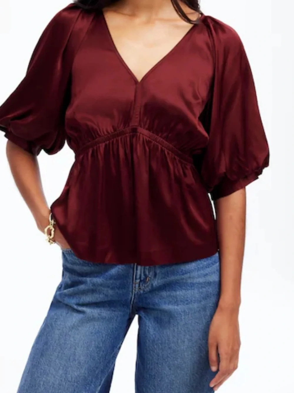 Madewell Shirred Puff Sleeve Satin Top NWT